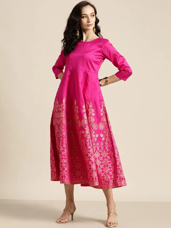 Fuchsia Foil Print Anarkali Maxi Dress Trendy V-Neck Maxi Dress