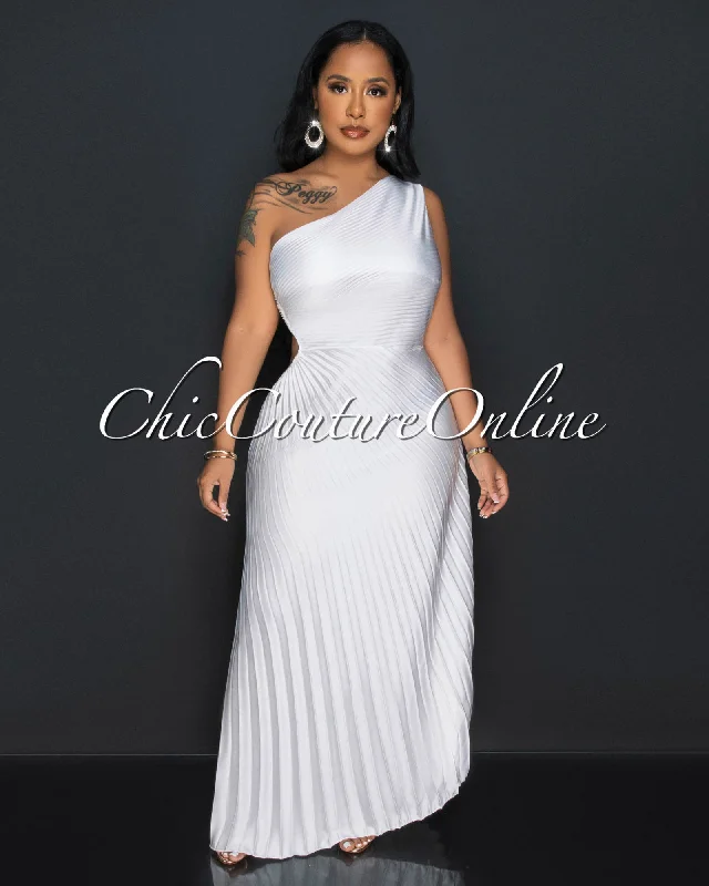 Genevieve Off-White Pleated Single Shoulder Silky Maxi Dress Classic Tulle Maxi Dress