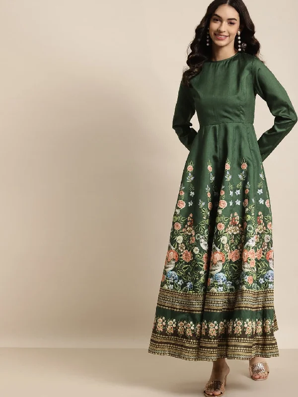 Green Floral Full Sleeves Anarkali Maxi Dress Classic Tulle Maxi Dress