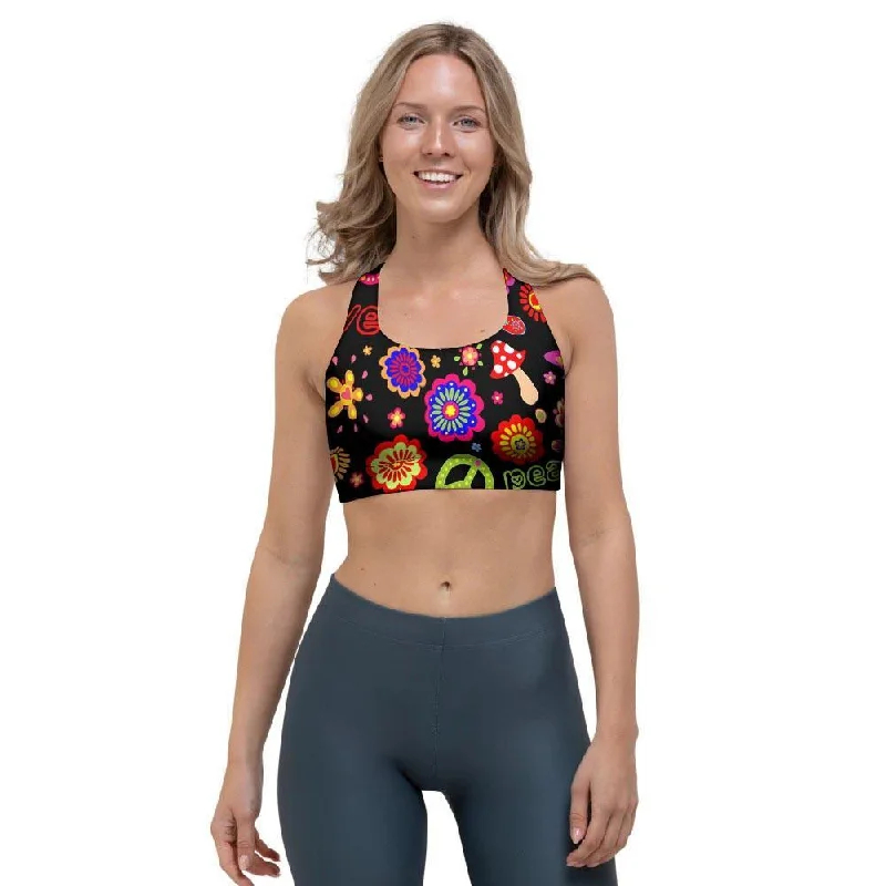 Hippie Peace Print Sports Bra Stretchy Wireless Bra