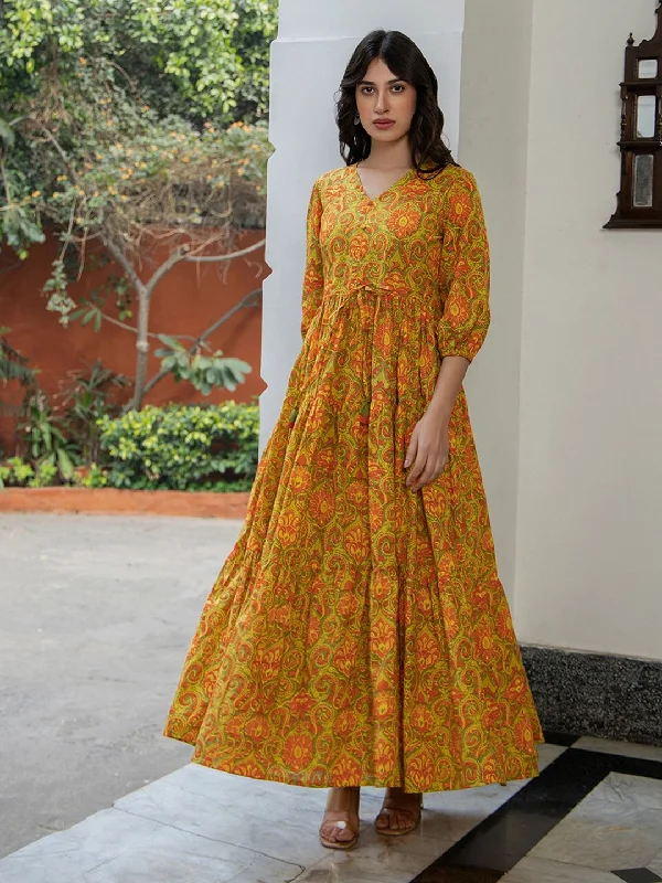 Mustard & Green Cotton Printed Maxi Dress Comfortable Flowy Maxi Dress