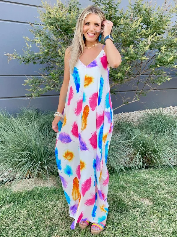 Live in Color Feather Print Maxi Dress with Pockets Trendy Satin Maxi Dress