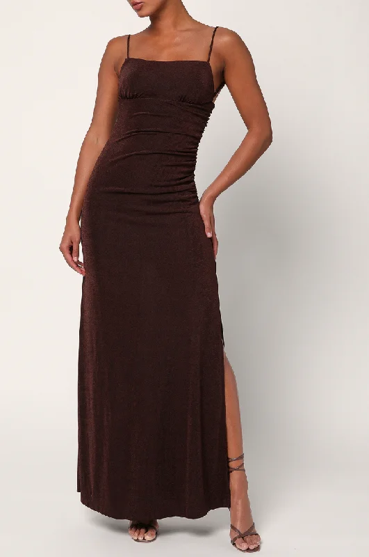 Lulus Complete Catch Backless Lace Ruched Maxi Dress - Chocolate Comfortable Maxi Dress with Slits