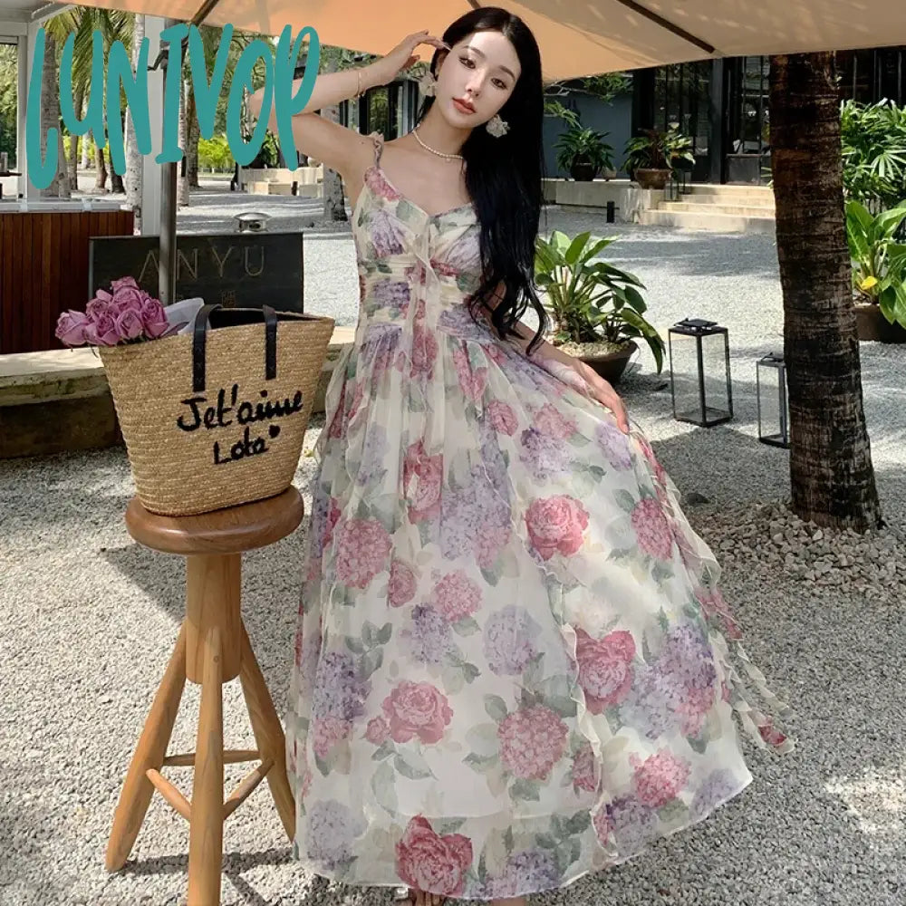 Lunivop 2024 Summer Chiffon Beach Maxi Dress Women Fashion Print Floral Backless Bandage Slip Dress Elegant Evening Party Fairy Dresses Comfortable Fit-and-Flare Maxi Dress