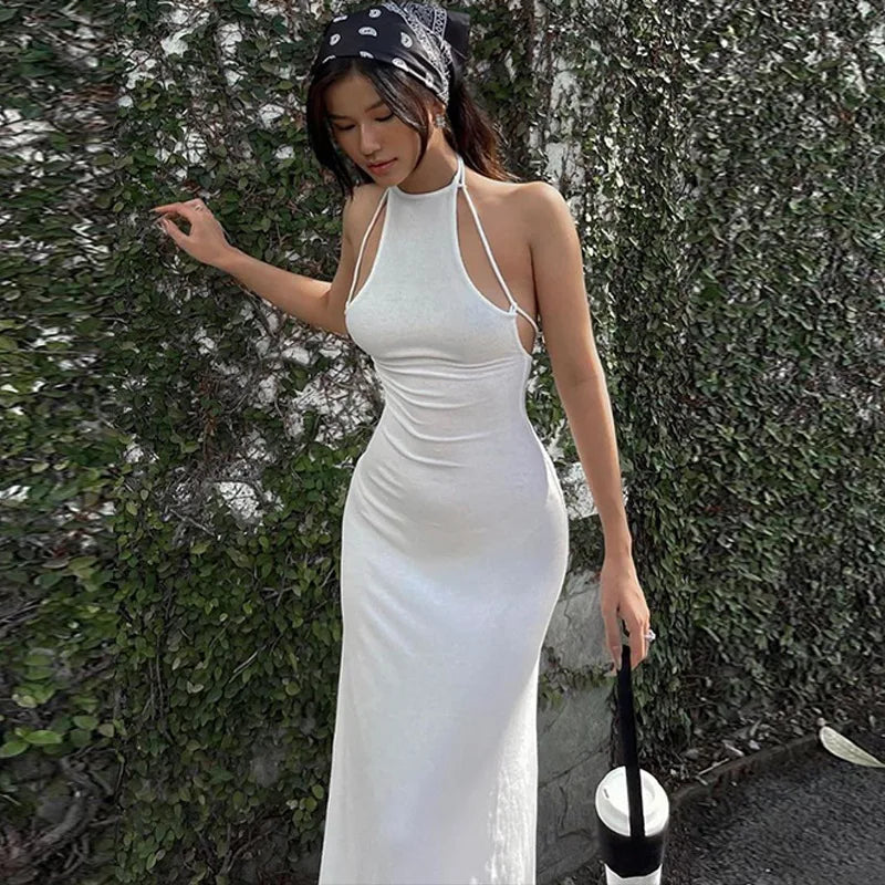 Lunivop Fashion Women Maxi Dress Halter Sexy Backless Strap Elegant Club Party Summer Holiday Outfits Sleeveless Long Prom Dresses Robe Comfortable Bohemian Maxi Dress