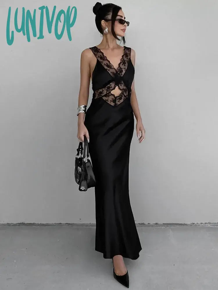 Lunivop Lace Slim Maxi Dresses For Women Clothing Deep V Neck Sexy High Wasit Long Dress Party Fashion Evening Dress Woman Chic Summer Floral Maxi Dress