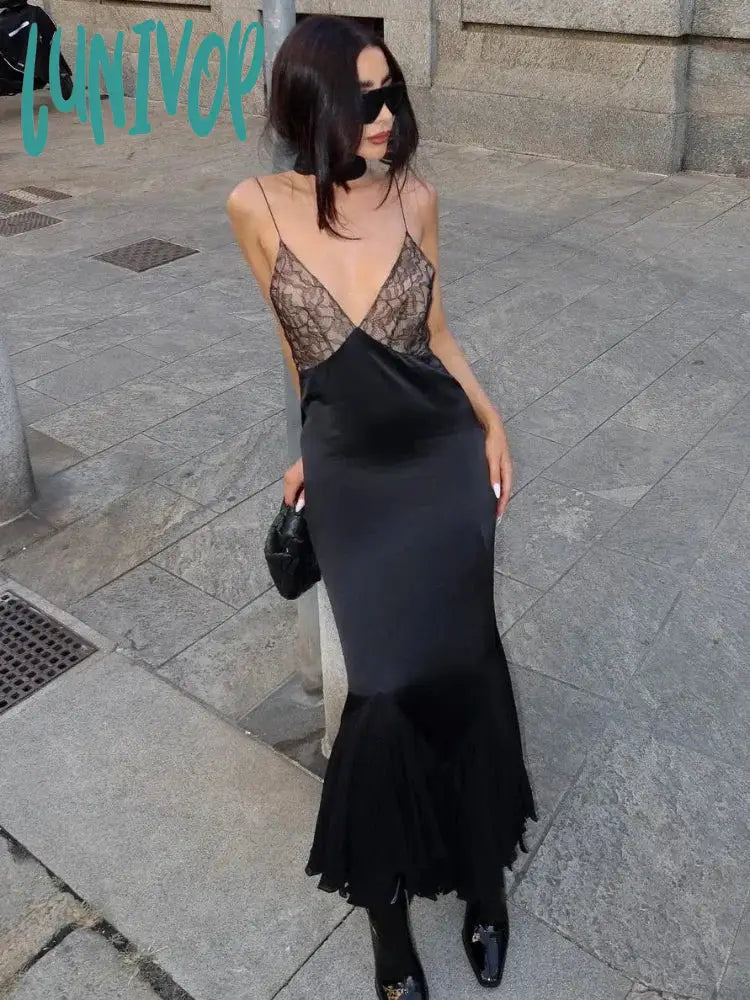 Lunivop Lace Splice Maxi Dresses For Women Sexy Deep V Neck Mesh Slim Dress Woman Temperament Clubwear Party Evening Dress Femme Classic A-Line Maxi Dress