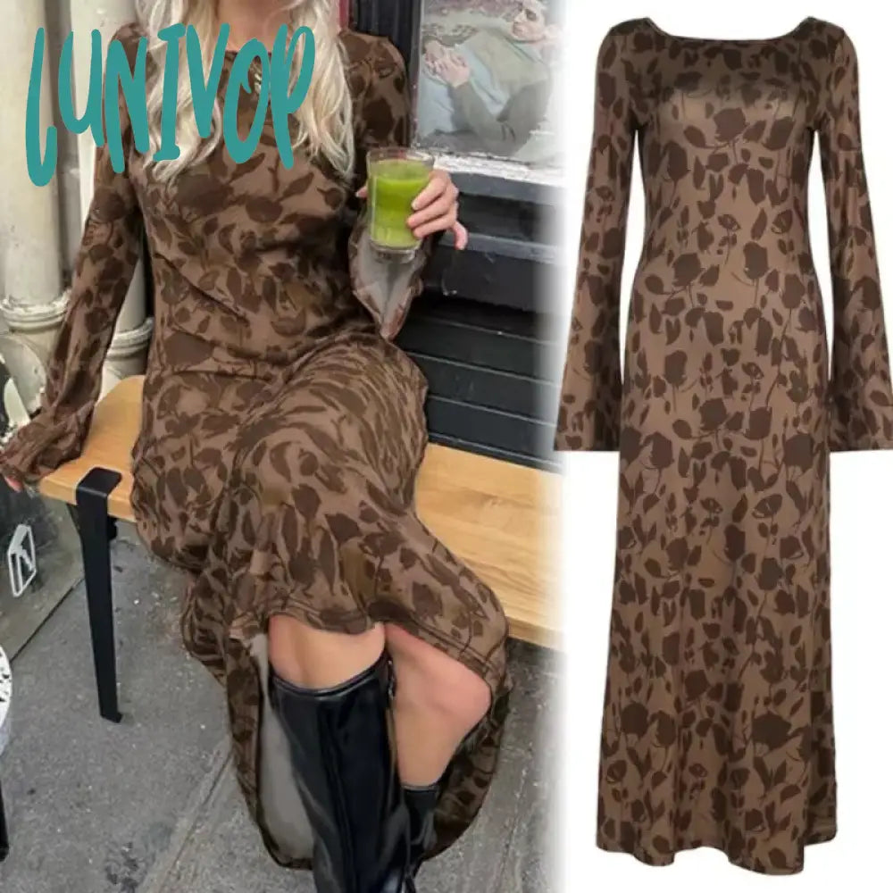 Lunivop New Vintage Floral Print Long Dress Women Y2K Bodycon Maxi Dresses Casual Chic Elegant Flared Long Sleeve Evening Party Dresses Stylish Pleated A-Line Maxi Dress