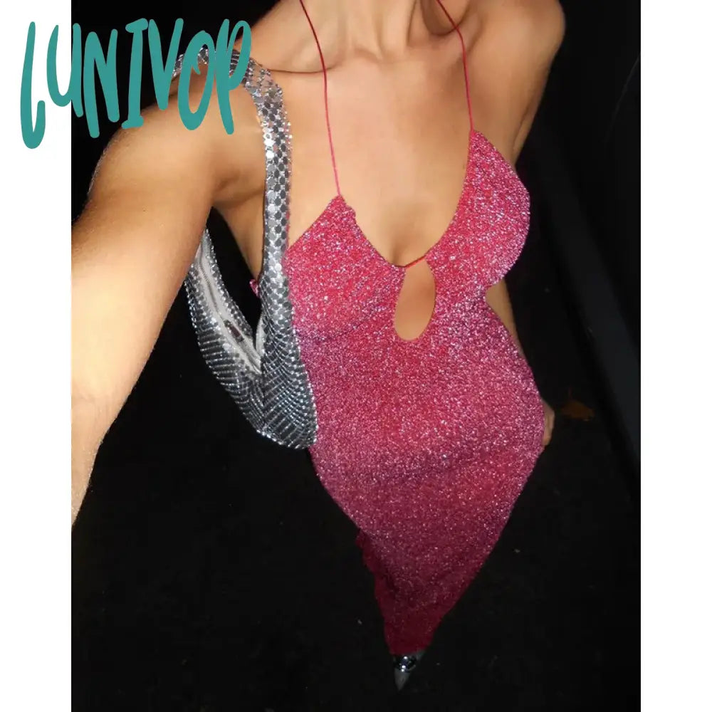 Lunivop Pink Sequined Halter Prom Maxi Dress Evening Party  Hollow Out Glitter Beaded Tie-back Slit Long Dress Sexy Wedding Guest Comfortable Plunging Neckline Maxi Dress