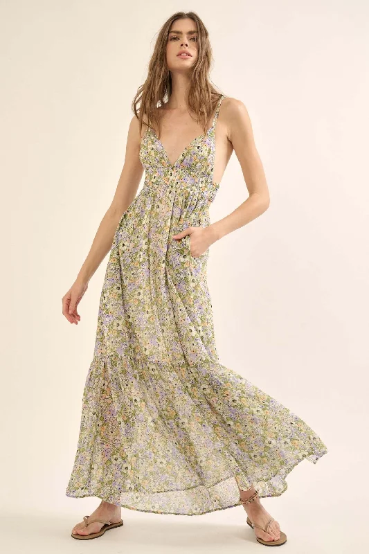 Magical Meadow Floral Chiffon Open-Back Maxi Dress Fashionable Halter Neck Maxi Dress