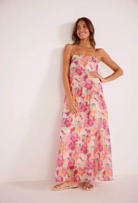 MINKPINK Freyano Maxi Dress - Bright Floral Cozy Ruffle Sleeve Maxi Dress