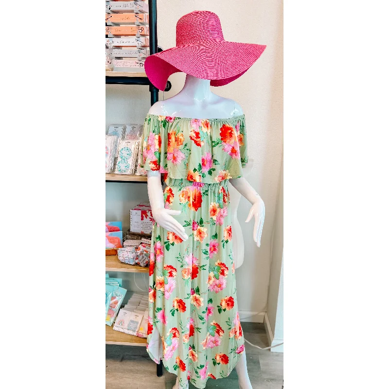 Mint Coral Floral Ruffle On/Off Shoulder Maxi Dress Elegant Pleated Maxi Dress