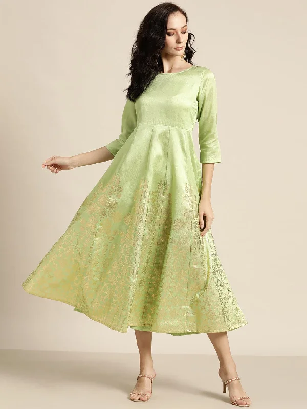 Mint Green Foil Print Anarkali Maxi Dress Elegant Maxi Dress with Lace