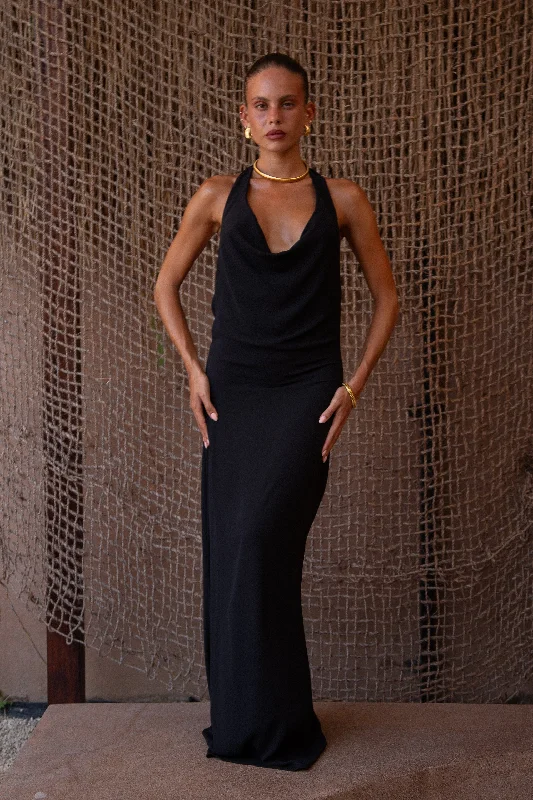 Misha Cowl Neck Maxi Dress Black Fashionable Chiffon Maxi Dress