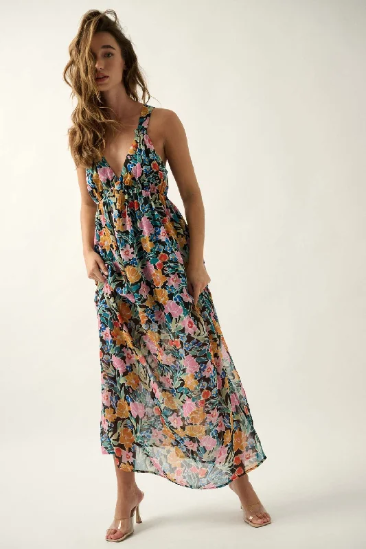 Montego Morning Floral Chiffon Open-Back Maxi Dress Fashionable Sheer Maxi Dress