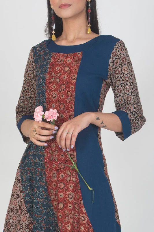 Multi-Color Ajrakh Print Maxi Dress Stylish Long Sleeve Maxi Dress