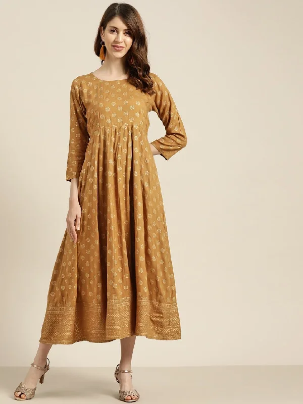 Mustard Foil Print Anarkali Maxi Dress Casual Maxi Dress with Pockets