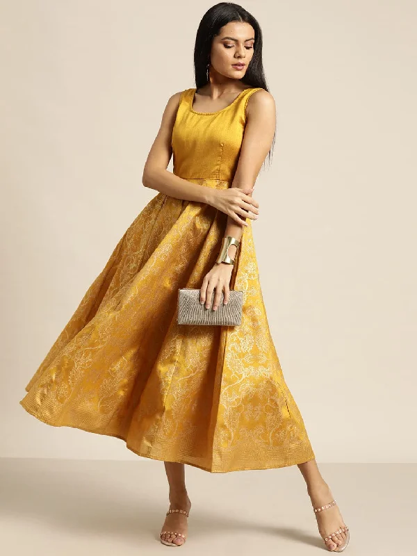 Mustard Foil Print Sleeveless Anarkali Maxi Dress Cozy Open-Back Maxi Dress