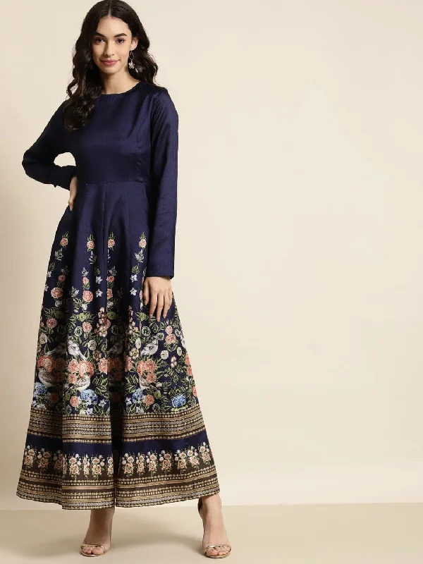 Navy Floral Full Sleeves Anarkali Maxi Dress Fashionable Sheer Maxi Dress