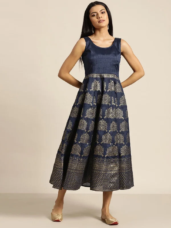 Navy Foil Print Sleeveless Anarkali Maxi Dress Stylish Longline Maxi Dress