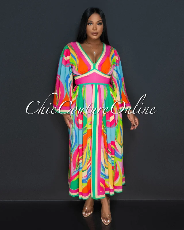 Odetta Fuchsia Multi-Color Print Kimono Maxi Dress Elegant Maxi Dress with Drapes