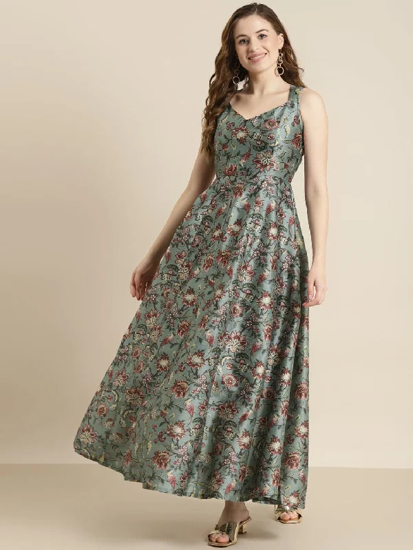 Olive Floral Sweetheart Anarkali Maxi Dress Cozy Open-Back Maxi Dress