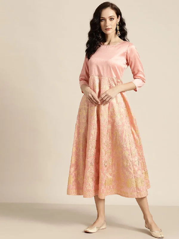 Peach Gold Foil Print Anarkali Maxi Dress Fashionable Layered Maxi Dress