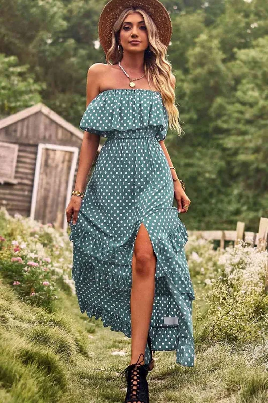 Explore More Collection - Polka Dot Strapless Slit Ruffled Maxi Dress Fashionable Chiffon Maxi Dress