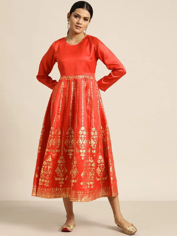 Red Gold Foil Print Anarkali Maxi Dress Fashionable Faux Wrap Maxi Dress