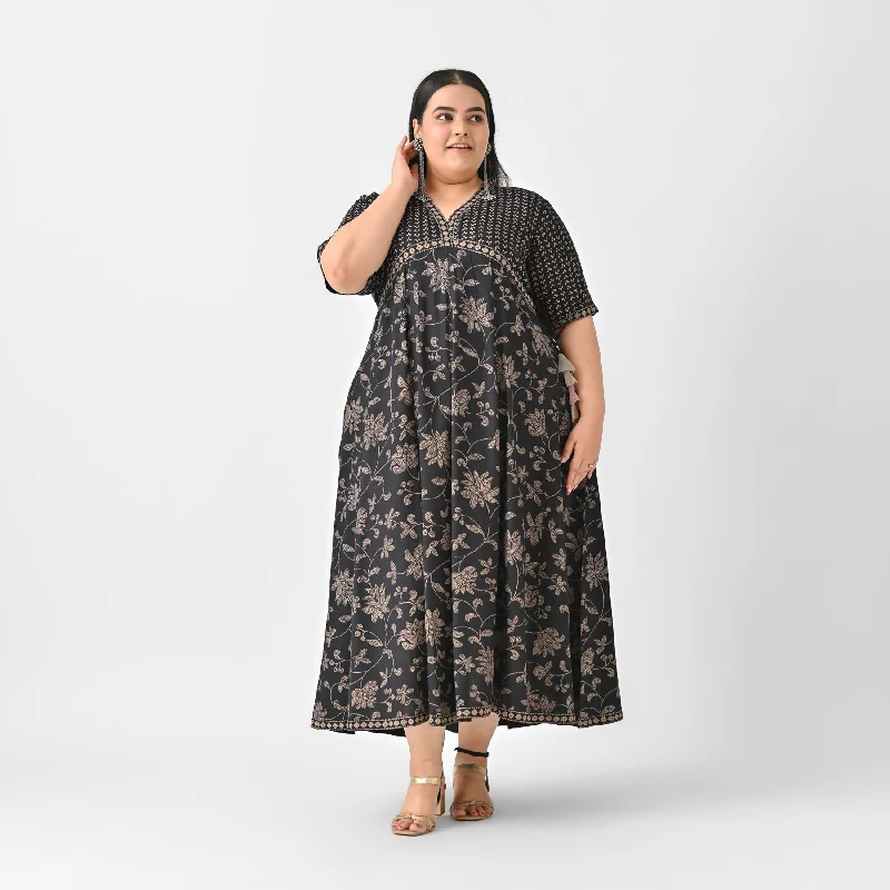 Black Rayon Bandhani Inspired Floral Maxi Dress (Plus) Comfortable Ruffle Hem Maxi Dress