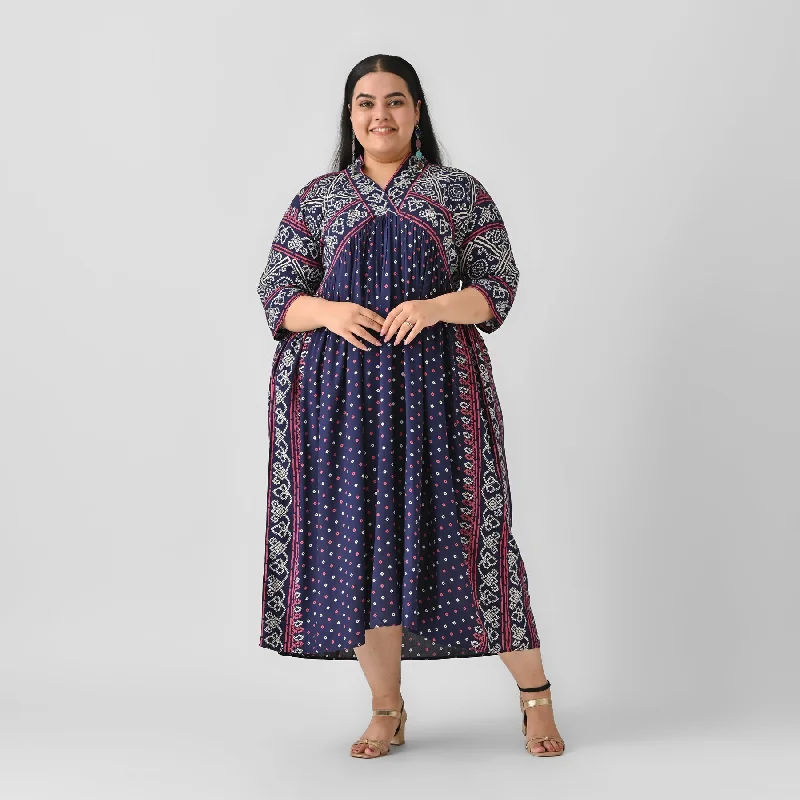 Indigo Rayon Bandhani V-Neck Gathered Maxi Dress (Plus) Fashionable Printed Maxi Dress