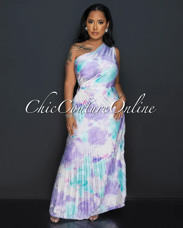 Sabia Lilac Aquamarine Pleated Single Shoulder Silky Maxi Dress Fashionable High-Low Maxi Dress