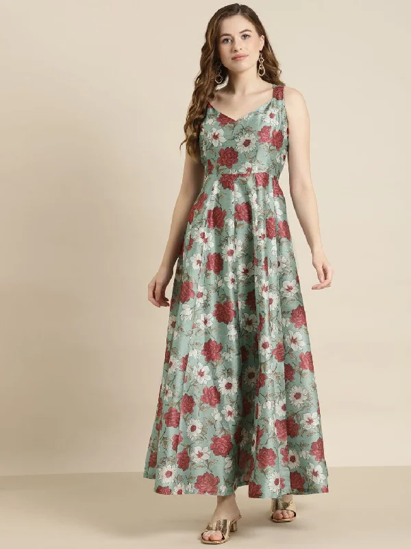 Sea Green Floral Sweetheart Anarkali Maxi Dress Fashionable Maxi Dress with Fringe