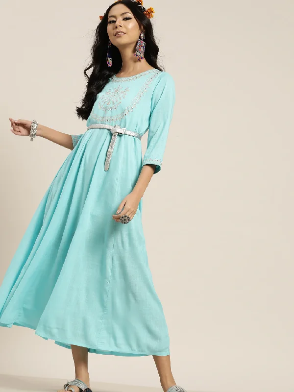 Sea Green Zari Embroidery Anrakali Maxi Dress Comfortable Fit-and-Flare Maxi Dress