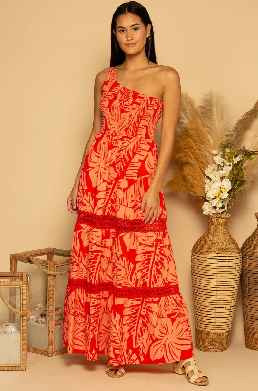 Shore Ozzy One Shoulder Maxi Dress - Coral Palms Trendy Ruffled Maxi Dress