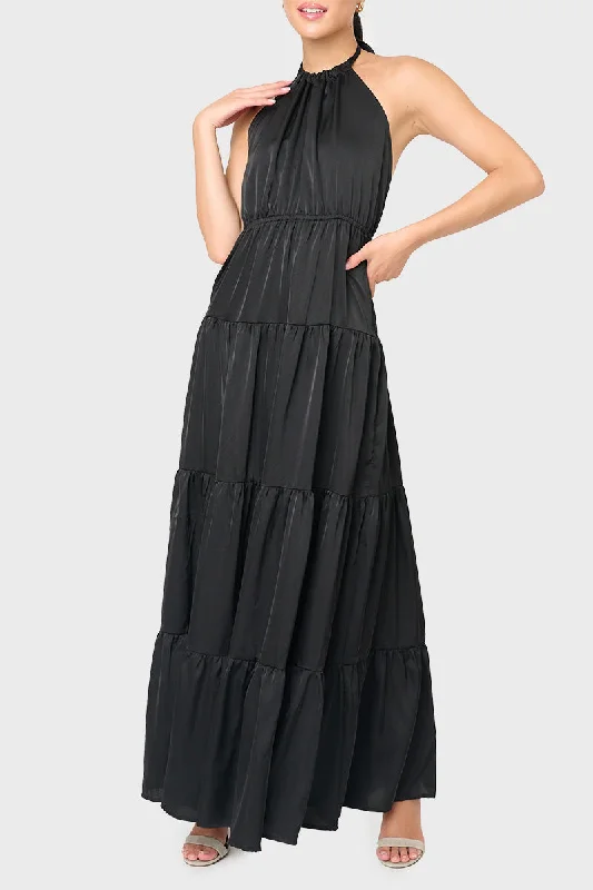 Silky Tie Back Halter Maxi Dress Comfortable Flowy Maxi Dress