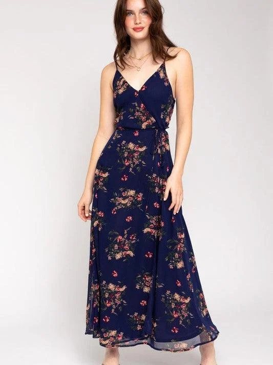 Soft Navy Floral Wrap Maxi Dress Trendy Printed Maxi Dress