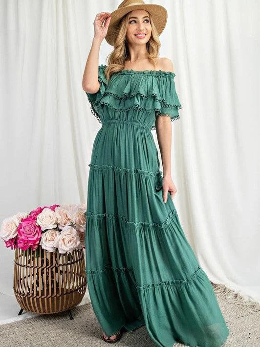 Summertime Ruffles Off the Shoulder Maxi Dress Fashionable Open-Back Maxi Dress