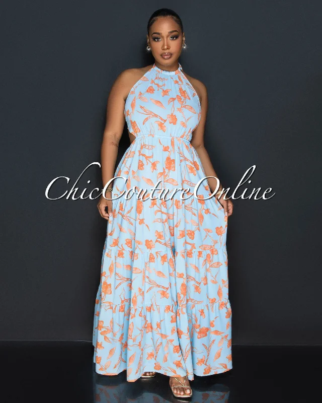 Trevor Baby Blue Orange Halter Maxi Dress Stylish V-Neck Maxi Dress