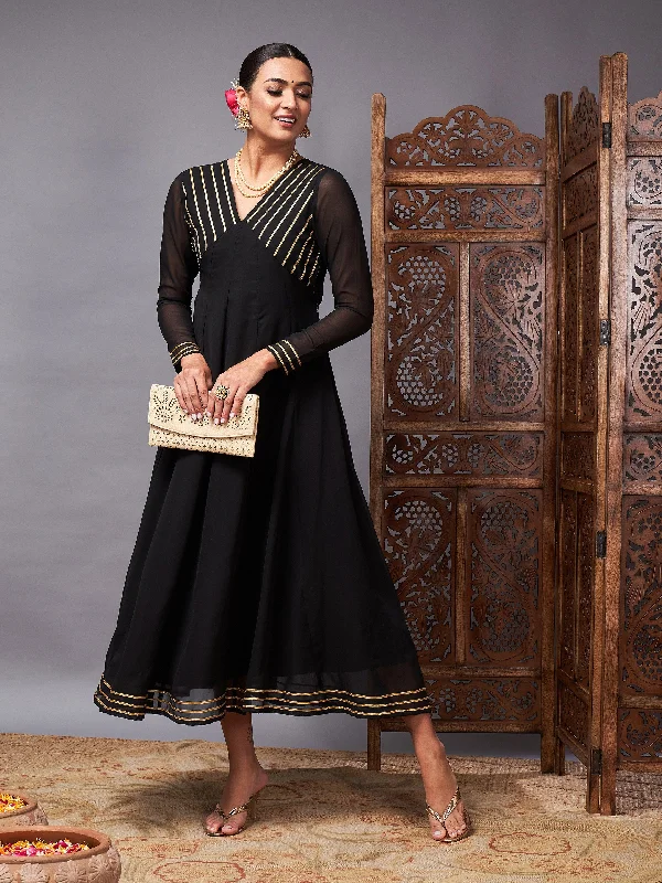 Women Black Gota Lace Detail Anarkali Maxi Dress Fashionable Open-Back Maxi Dress