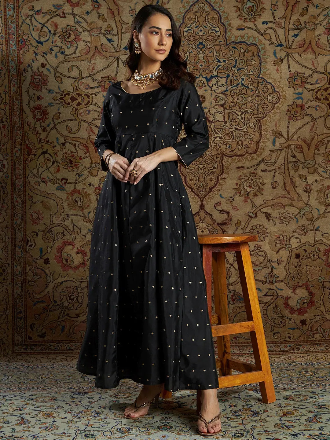 Women Black Jacquard Anarkali Maxi Dress Chic Button-Up Maxi Dress