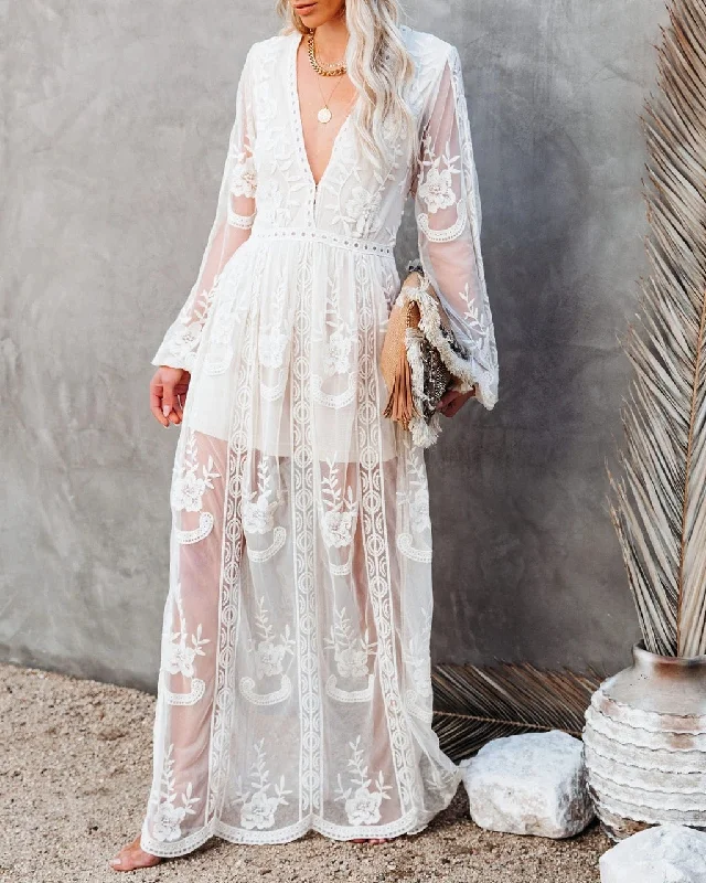 Female Summer Lace Floral Embroidery V-Neck Long Sleeve Street Maxi Dress Chic Off-Shoulder Maxi Dress