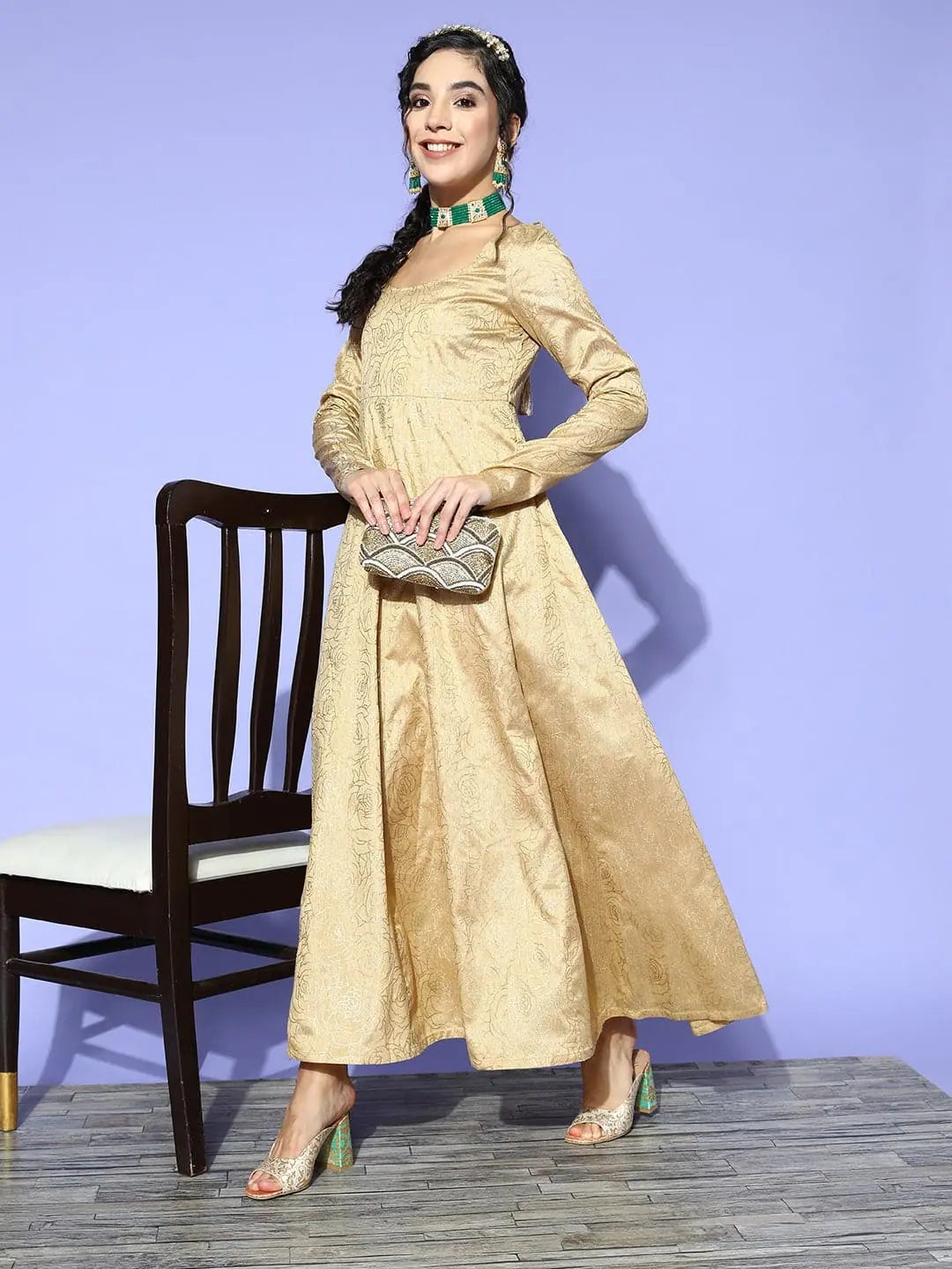 Women Gold Chanderi Foil Anarkali Maxi Dress Trendy Maxi Dress with Bow