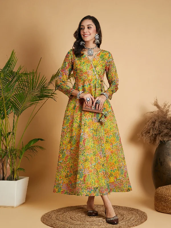 Women Lemon Yellow Floral Anarkali Maxi Dress Stylish Maxi Dress with Pleats