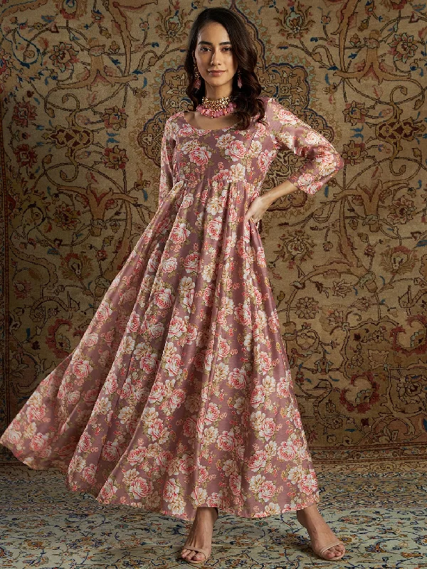 Women Mauve Chanderi Floral Anarkali Maxi Dress Stylish One-Shoulder Maxi Dress