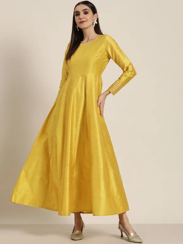 Women Mustard Gota Detail Anarkali Maxi Dress Stylish V-Neck Maxi Dress