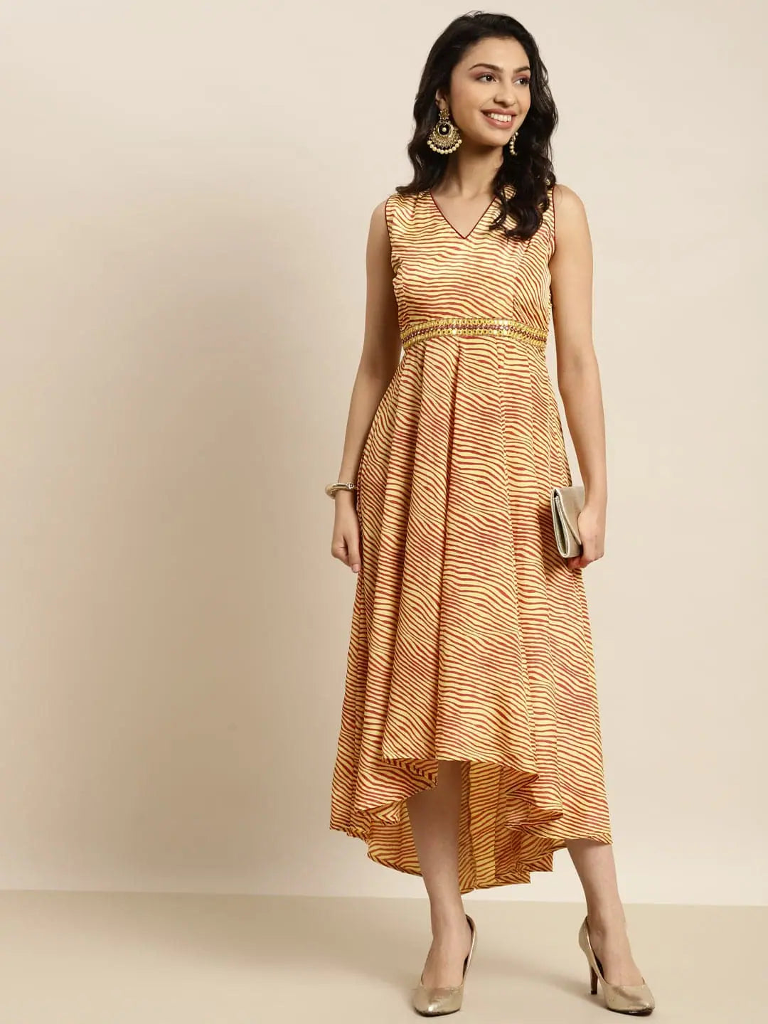 Women Mustard Lehariya High Low Anarkali Maxi Dress Stylish Maxi Dress with Pleats