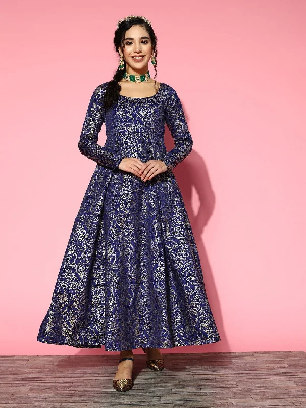 Women Navy Chanderi Foil Anarkali Maxi Dress Cozy Maxi Dress with Slit