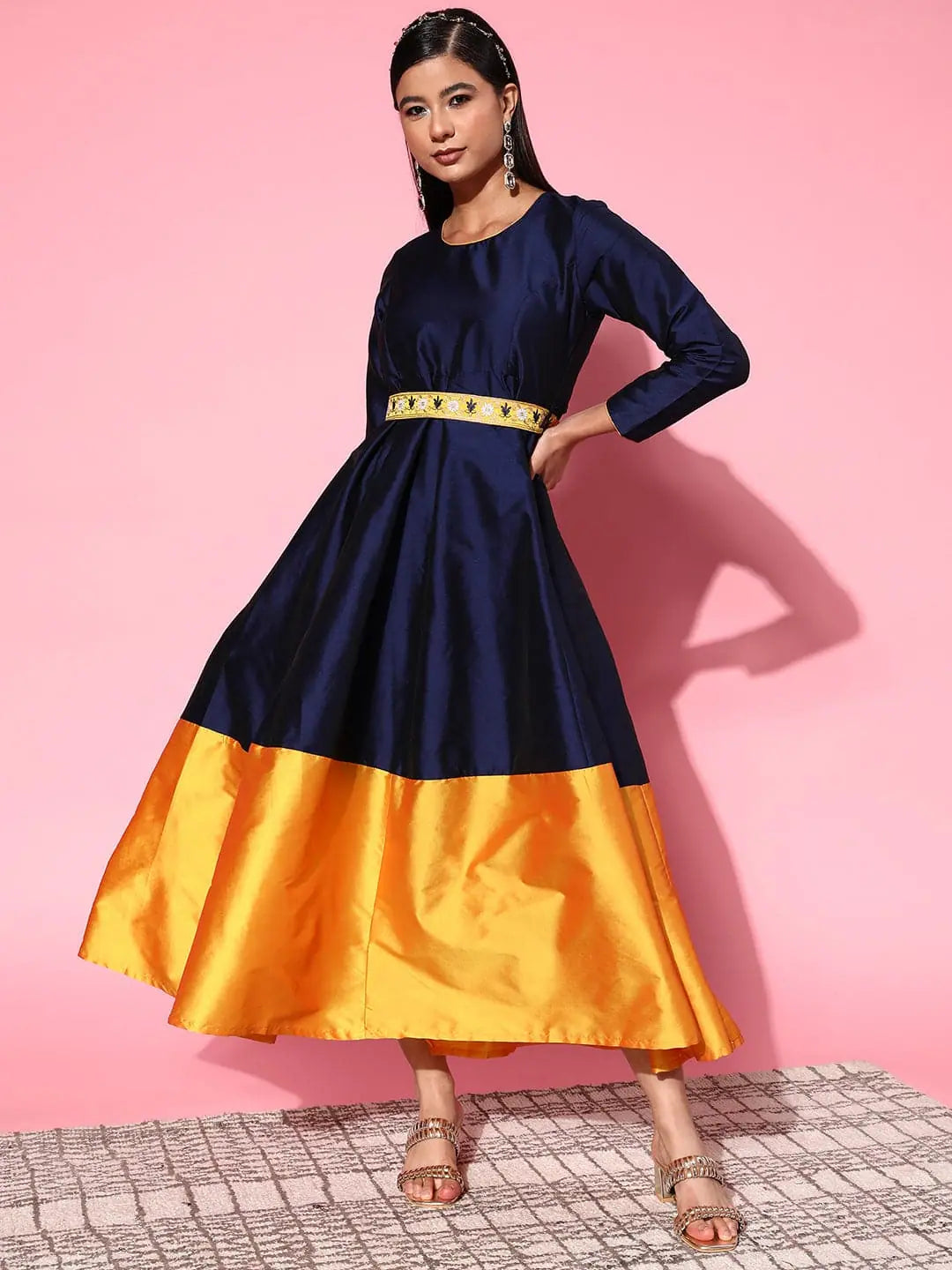 Women Navy Contrast Border Anarkali Maxi Dress Trendy Floral Print Maxi Dress