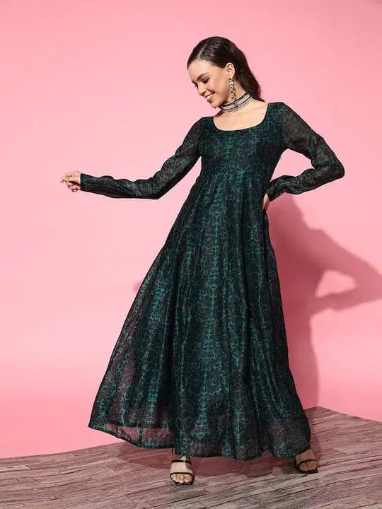 Women Teal Chanderi Floral Anarkali Maxi Dress Elegant Wraparound Maxi Dress